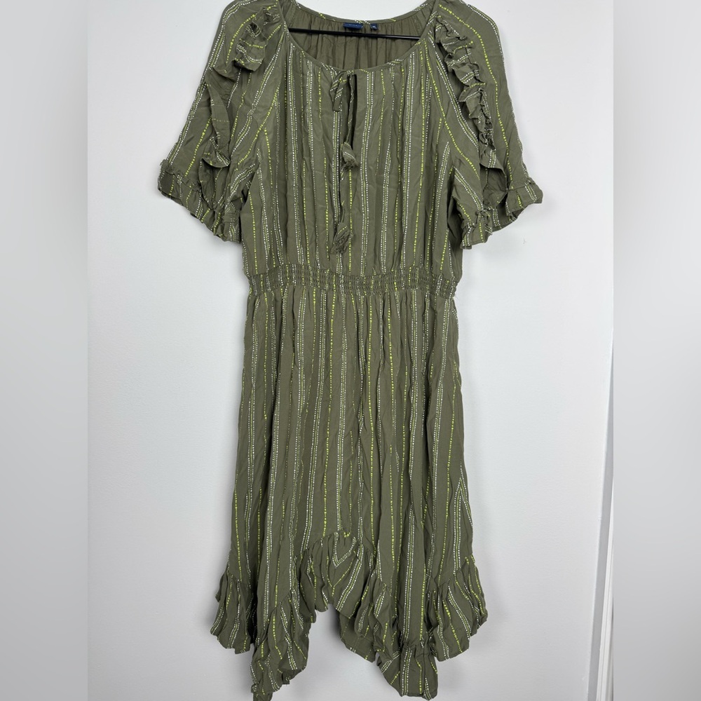 Kaari Blue Olive Ruffle Hem Peasant Midi Dress XL Boho Viscose Lined